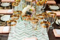 09 gold-rimmed glassware, blush napkins and mint chevron table runner
