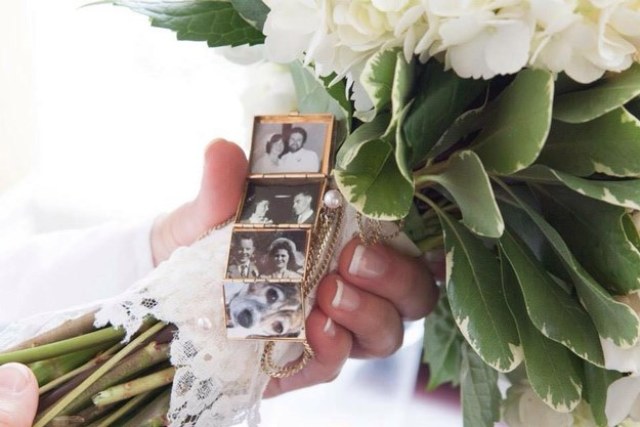 put photos of loved ones you’ve lost in a locket and then wrap it around the bouquet