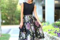 10 a floral midi, a black top and fuchsia shoes
