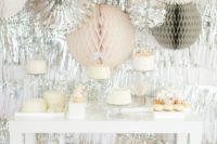10 silver dessert table backdrop and oversized paper hangings
