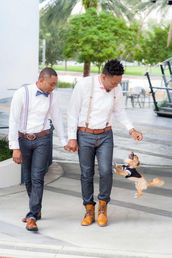 relaxed grooms' looks with jeans, boots, suspenders and bow ties