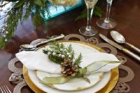 12 beautiful jute placemat, evergreens, pinecones and neutral flowers