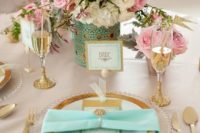 12 mint and gold table setting with blush and ivory flowers