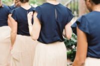 14 bridesmaids’ separates with blush skirts and navy tops