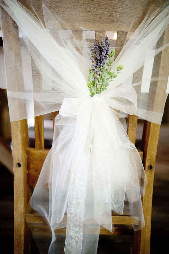 decorate a chairback with tulle and lavender