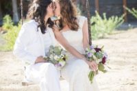 an elegant ivory pantsuit and shirt, heels, a lace mermaid wedding dress with thick straps and red heels for a chic couple look