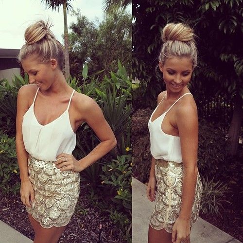 gold embellished mini and a white strap top