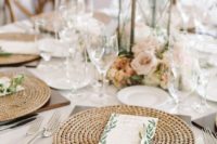17 a wooden plank and a jute placemat, white textiles and cute flowers
