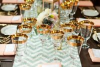 17 peach napkins and flowers, a mint chevron table runner and gold touches to make the tablescape elegant