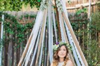 18 lace and ribbon teepee for a backyard bohemian bridal shower