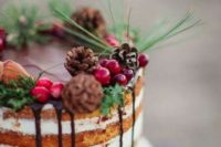 18 naked winter cake with chocolate drip, pinecones and berries