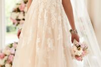 19 dusty pink wedding dress with white lace appliques and lace straps