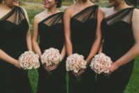 19 elegant draped black bridesmaids’ dress with blush rose bouquets