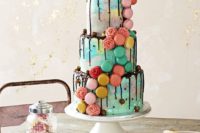 20 colorful macaron wedding cake with chocolate drip