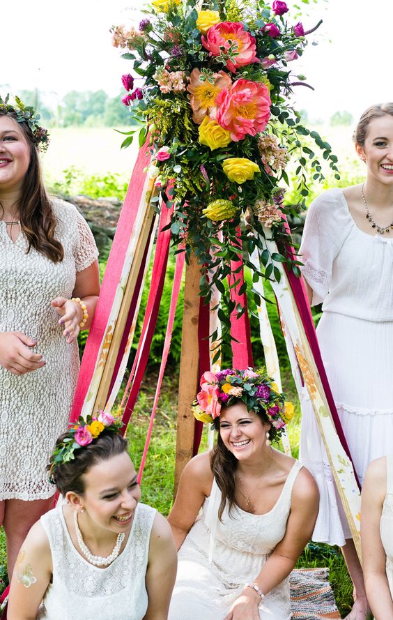 make a colorful ribbon teepee with bold flowers to take photos in it and just have a seat