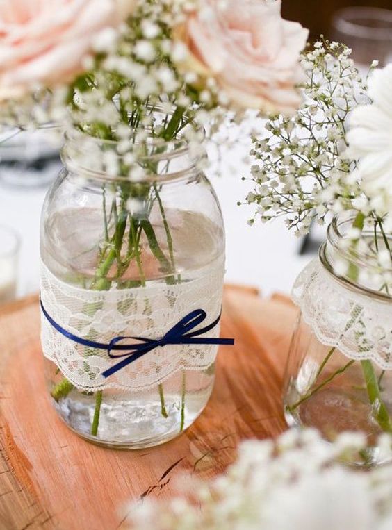 blush flowers, lace mason jars and navy ribbon bows