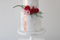 22 chic grey marble cake decorated with a gold stripe and bold florals