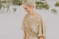 23 gold sequin dress with short cold shoulder sleeves