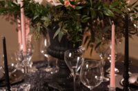 24 dramatic black table decor with blush blooms and candles