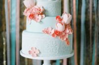 24 mint lace cake topped with peach sugar flowers