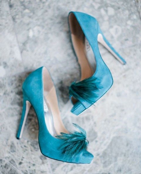 suede tiffany blue heels with feathers