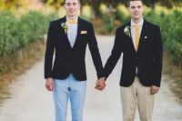 27 these grooms chose the same black jackets but different pants, shoes and ties