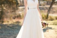 28 illusion neckline A-line wedding dress with embellishments and a jewweled sash