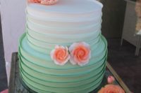 28 ombre mint wedding cake with peach-colored flowers