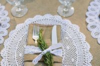 29 a crochet placemat perfectly fits this rustic table setting with burlap, lace and rosemary