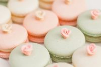 29 mint, peach, and cream french macarons with roses