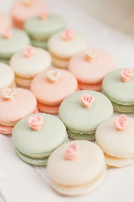 mint, peach, and cream french macarons with roses