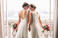 modern wedding dresses, one sparkling, and the second with an open back are a gerat solution for a modern glam wedding