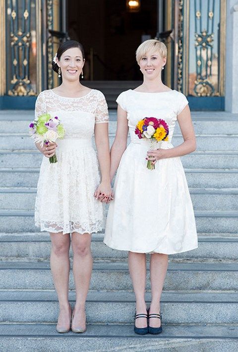 knee-length wedding gowns with cap sleeves look cute together