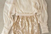 33 a gold sequin mini and an ivory chiffon shirt