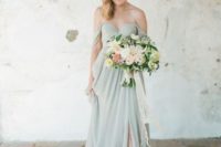 33 off the shoulder green bridesmaid’s dress and a cute fresh bouquet