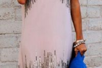 35 blush plunging neckline dress with silver sequins