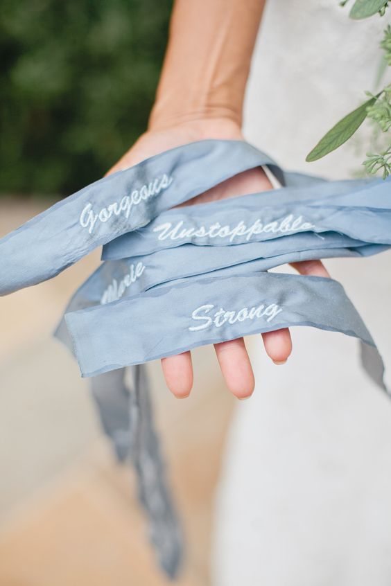 add pale blue ribbon to your bouquet