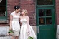 matching knee-length strapless ivory dresses and different shoes and accessories are gerat for a retro wedding and show off th estyle of each girl