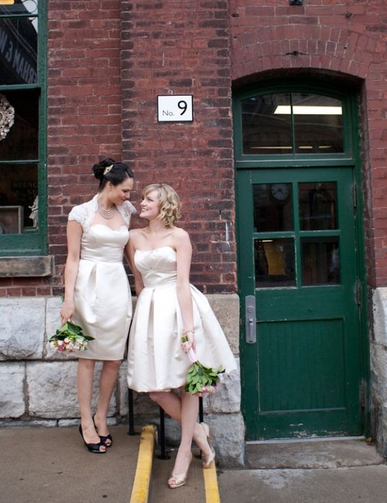 knee-length strapless ivory dresses in the same style look cool