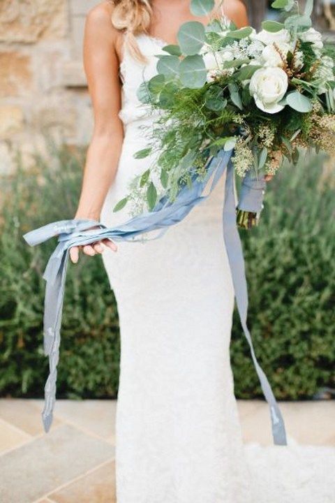 pale blue bouquet wrap and ribbons