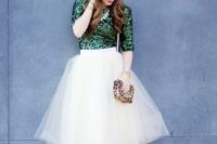 38 an emerald sequin top, a white tulle skirt and metallic shoes