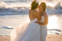 beautiful flowy strapless airy wedding dresses are ideal and very dreamy for a beach ceremony