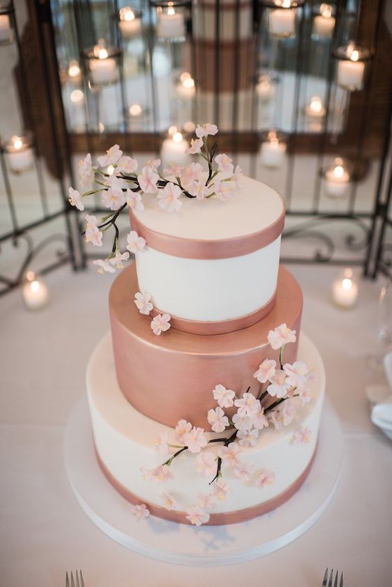 41 pink and blush wedding cake decorated with cherry blossom