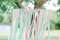 42 ribbon photo booth backdrop in ivory, peach and mint