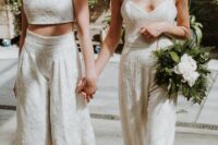 a boho lace bridal separate with a crop top and culottes, a beaded lace jumpsuit with spaghetti straps for a boho wedding