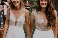 a boho lace strap wedding dress with a V-neckline, a wedding dress with lace and beading plus a pleated skirt look great