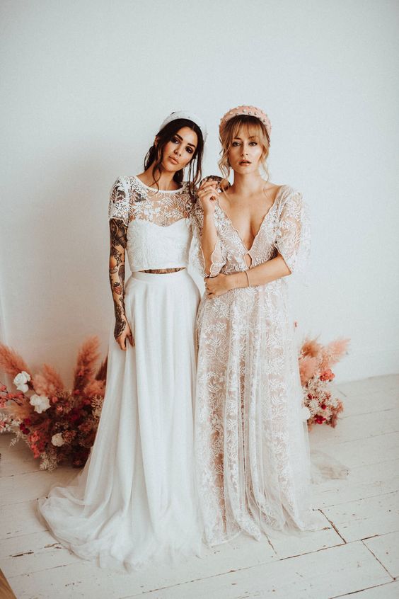 a bridal separate with a lace crop top and a plain skirt, a boho lace plunging neckline wedding dress and matching headbands