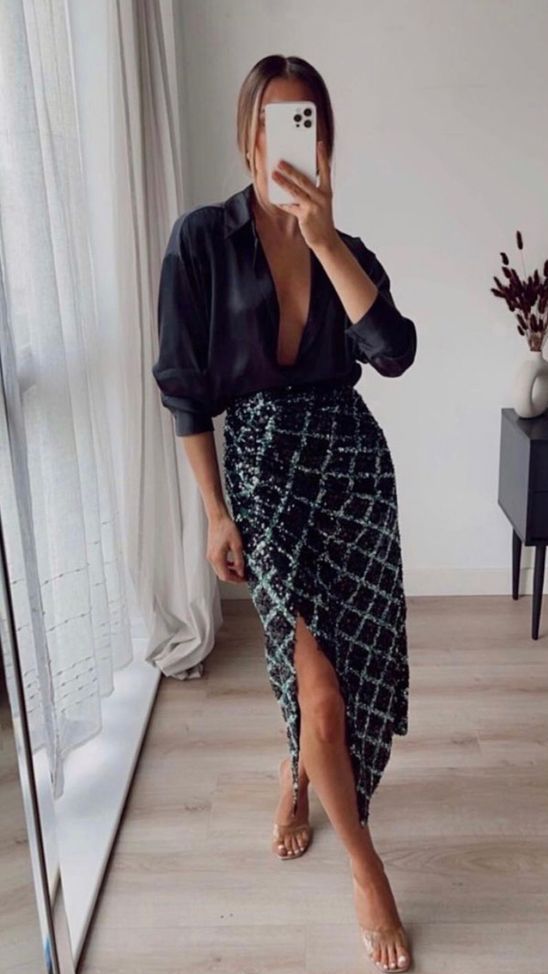 a classy look with a black satin button down, an embellished midi skirt, sheer shoes is wow for a bachelorette