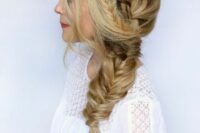a dimensional side fishtail braid, a braided halo and some locks down is a lovely idea for a boho bride