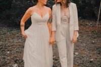 a draped A-line wedding dress wih a V-neckline and spaghetti straps, a white pantsuit, a sheer top with lace applique and silver shoes